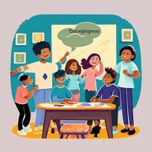A graphic that depicts happy students and their teacher working in a group and learning together.